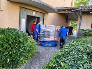 Drei Personen manövrieren einen großen, verpackten Gegenstand auf einem blauen Palettenwagen in ein Gebäude. Zwei Arbeiter in blauen Hemden vom Zügelunternehmen führen den Palettenwagen, während eine andere Person in einem roten Hemd zusieht. Die Szene spielt im Freien, in der Nähe einer Hecke und eines Kopfsteinpflasterwegs.